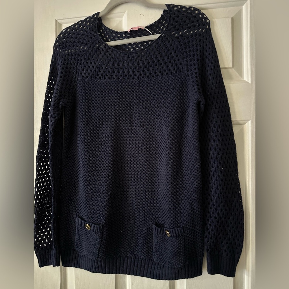Lilly Pulitzer Kristen Navy blue open knit cotton sweater size medium. - Picture 4 of 5